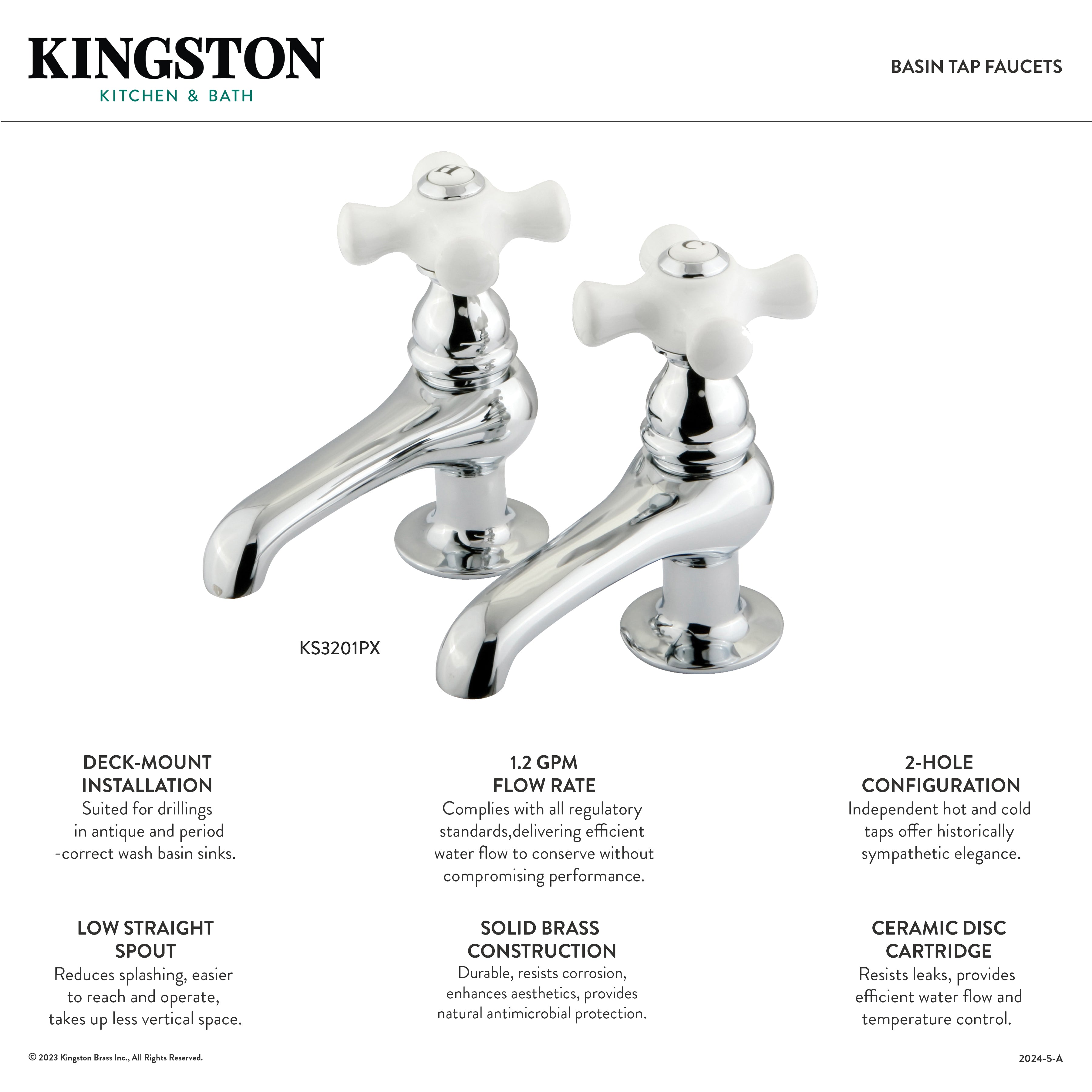 Kingston Heirloom KS3208PX - Restoration Two-Handle Deck Mount Basin Tap Faucet, Brushed Nickel — thumbnail 2